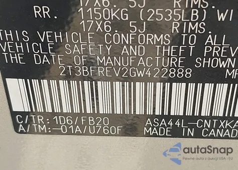 2016 Toyota Rav4 Le from USA, damaged, VIN 2T3BFREV2GW422888